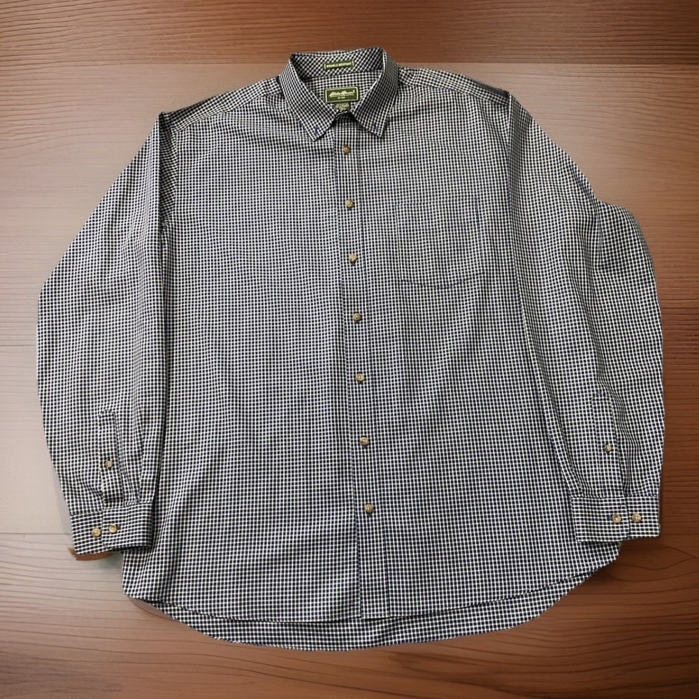 Eddie‎ Bauer Wrinkle Resistant Shirt Mens XL Tall Blue Check Button Down Cotton
